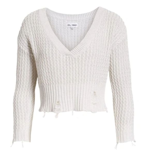 DL1961 Freeman 100% Cotton Distressed Open Knit V Neck Oversized Sweater L - Picture 1 of 10